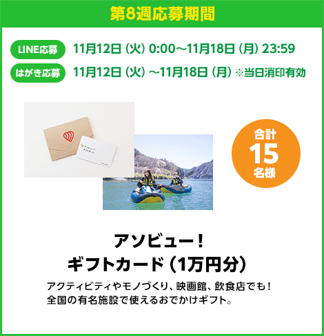 第8週応募期間：LINE応募 11月12日（火）0:00〜11月4日（月）23:59　はがき応募 11月12日（火）0:00〜11月4日（月）※当日消印有効　アソビュー！ギフトカード（1万円分） 合計15名様　アクティビティやモノづくり、映画館、飲食店でも！全国の有名施設で使えるおでかけギフト。