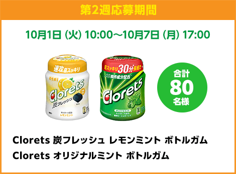 第2週応募期間：LINE応募 10月1日（火）10:00〜10月7日（月）17:00　Clorets 炭フレッシュ レモンミント ボトルガム、Clorets オリジナルミント ボトルガム　合計80名様